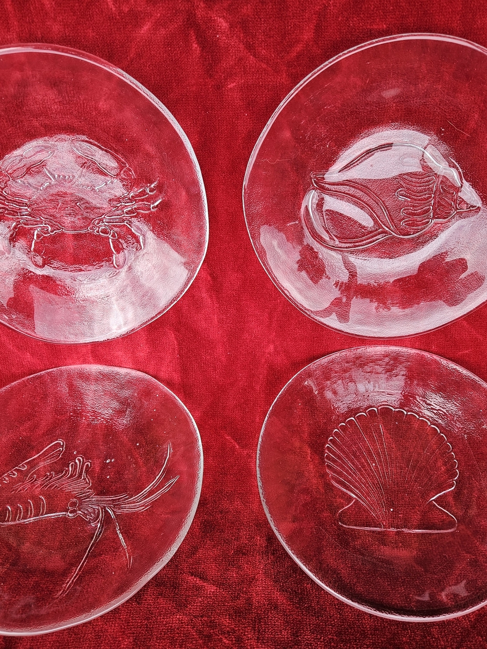 Set of 4 Clear Glass Seafood Motif Plates Appetizer Sized